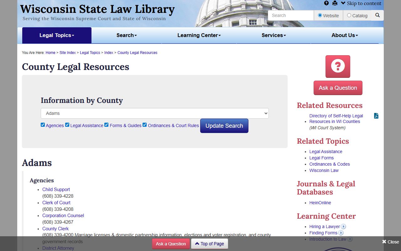 Adams County marriage license at the Wisconsin State Law Library page for Adams County
