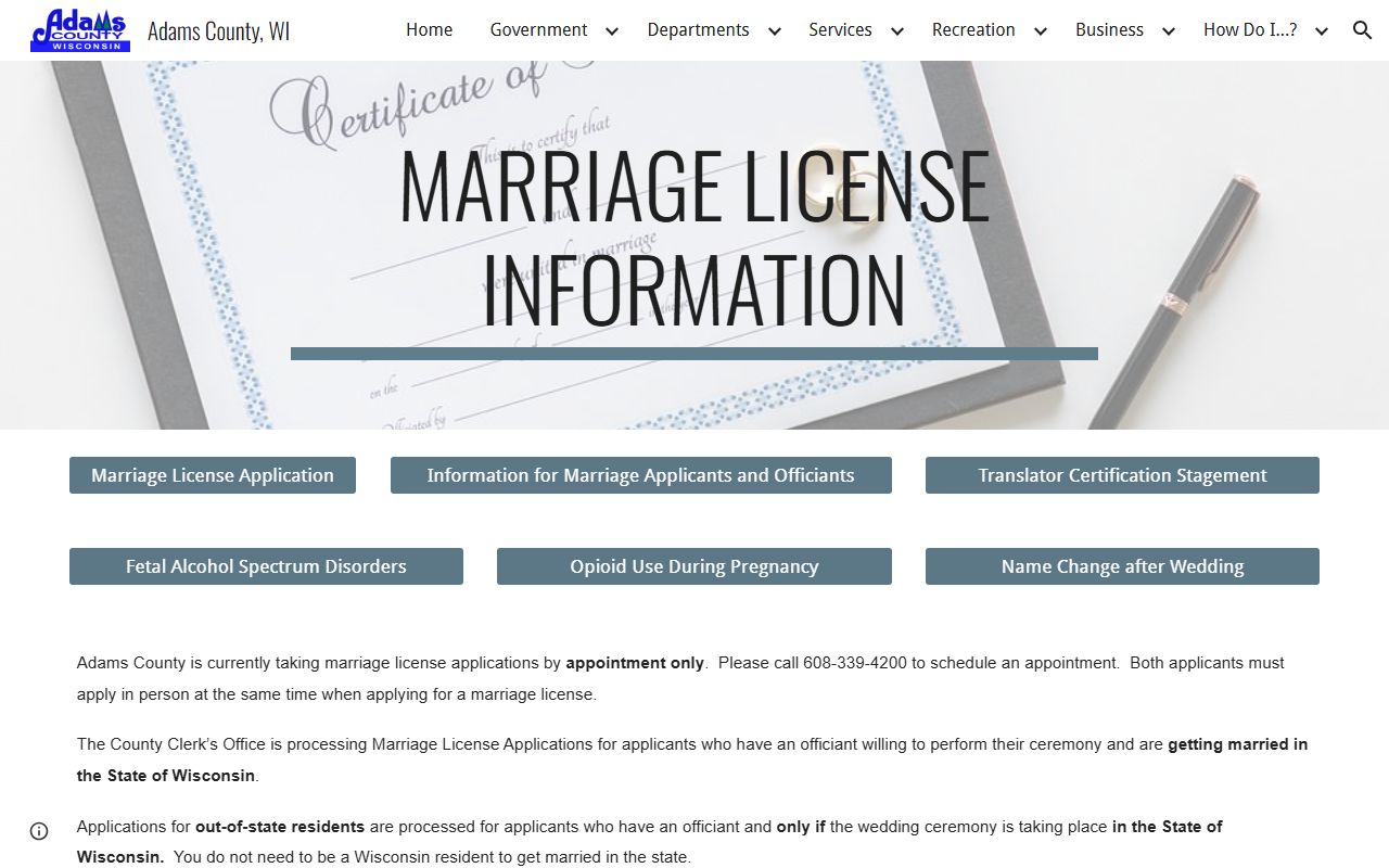 Adams County marriage license at the county clerk information page in Friendship