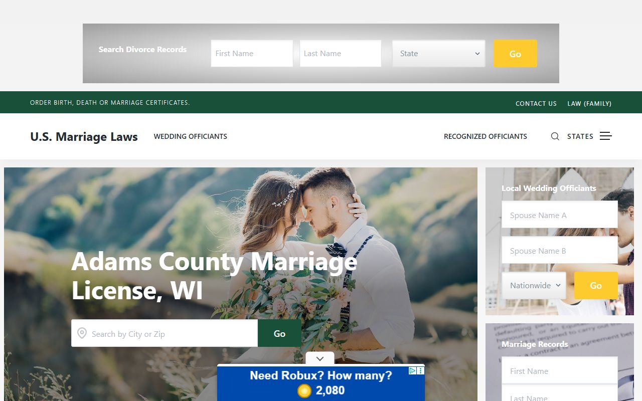 Adams County marriage license at a local office summary page