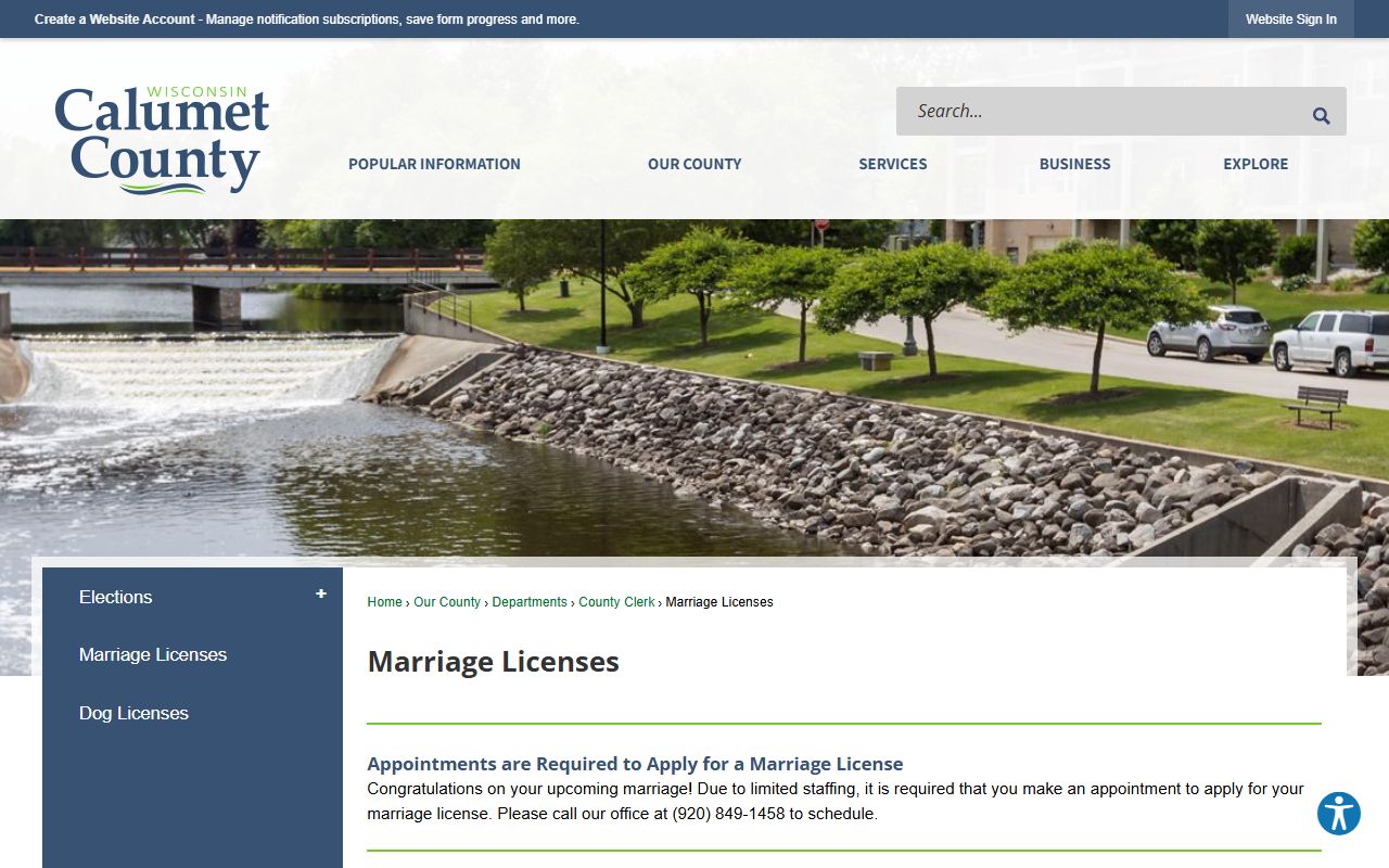 Calumet County marriage license at the county marriage licenses page in Chilton