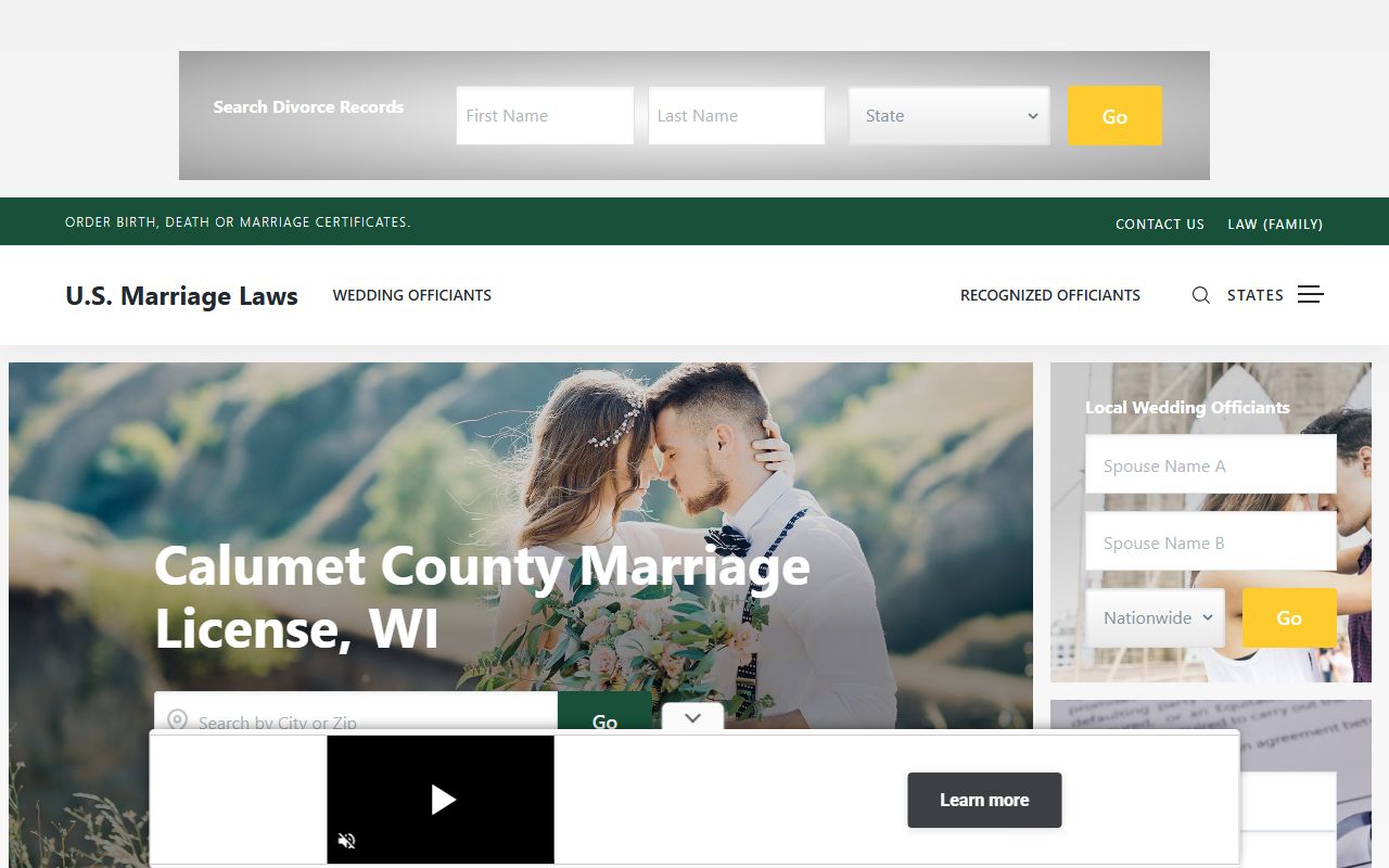Calumet County marriage license at a local office summary page