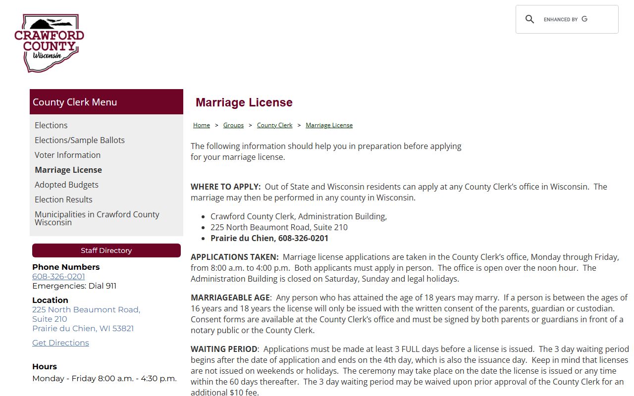 Crawford County marriage license office in Prairie du Chien