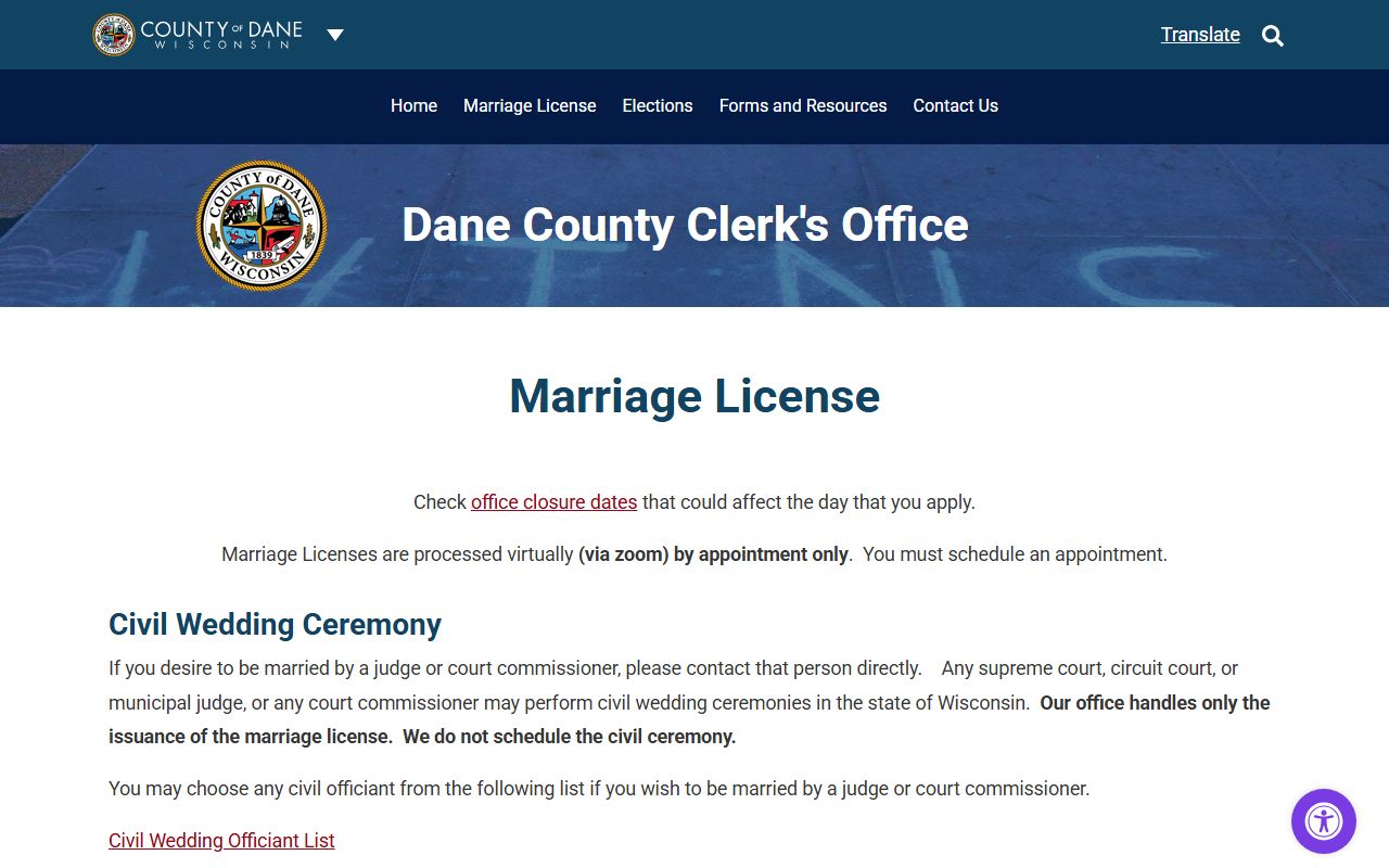 Dane County marriage license at the county clerk office in Madison