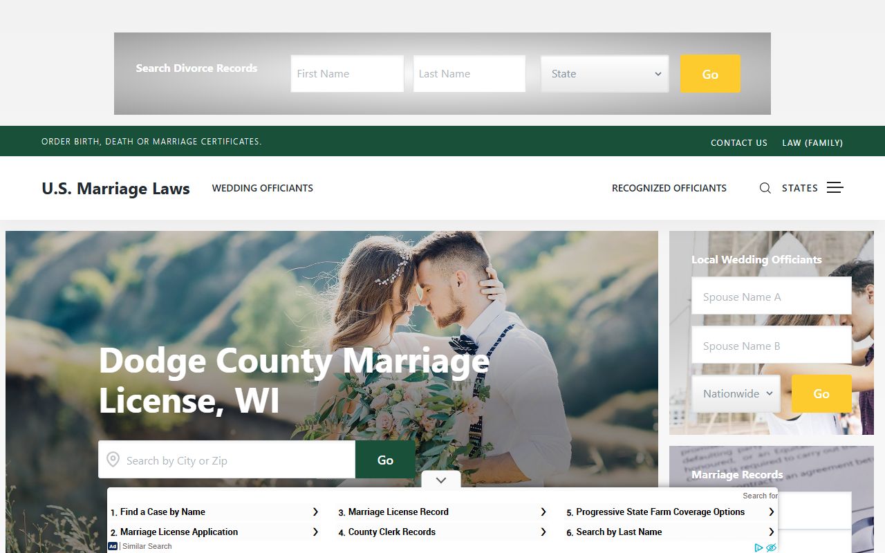 Dodge County marriage license at a local office summary page