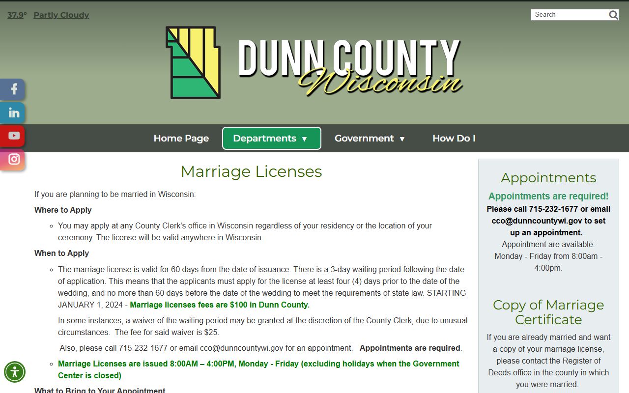 Dunn County marriage license office in Menomonie