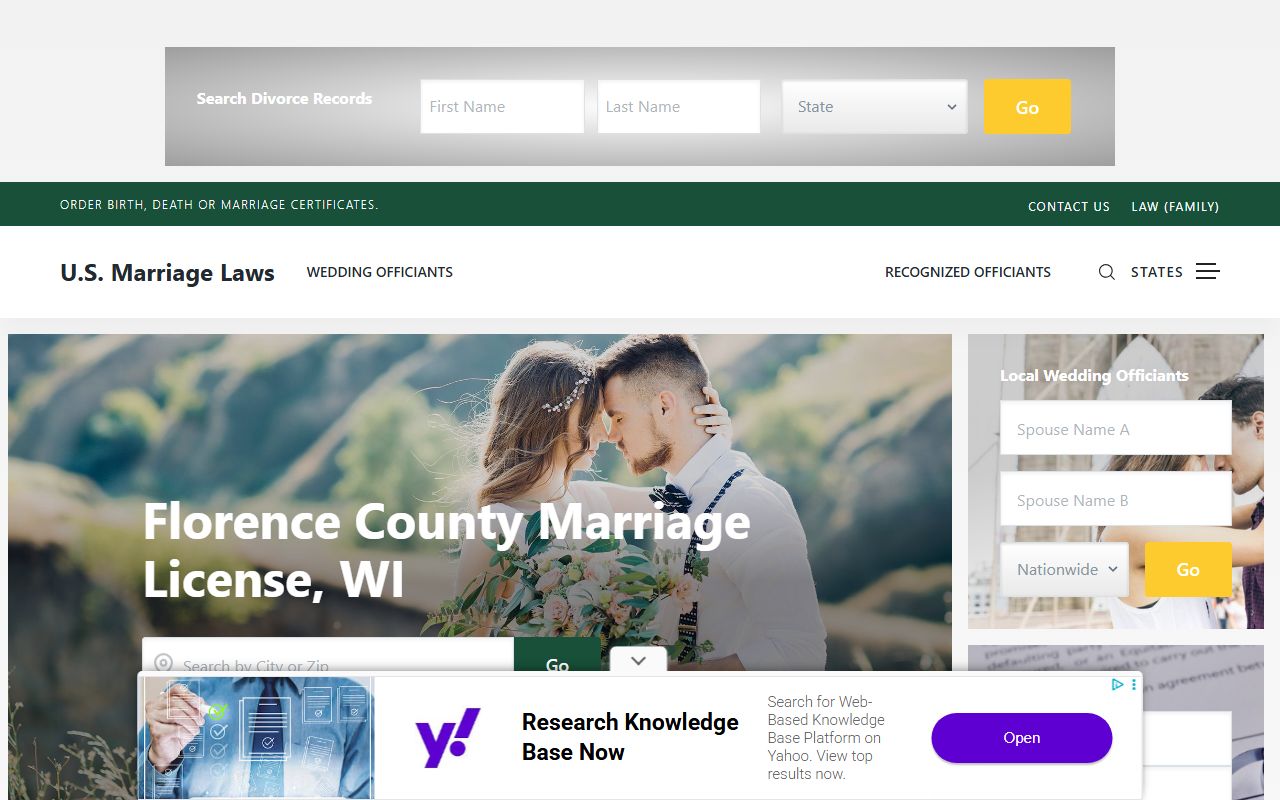 Florence County marriage license at the Florence County marriage license summary page