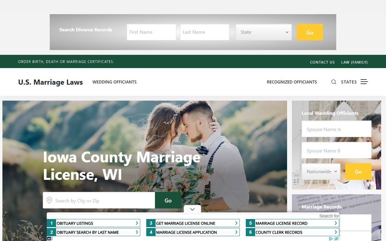 Iowa County marriage license at the Iowa County office requirements page