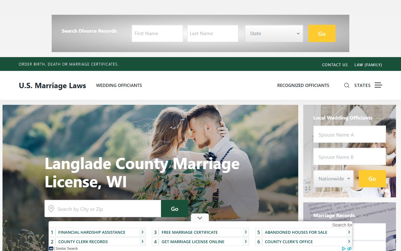 Langlade County marriage license at the Langlade County office requirements page
