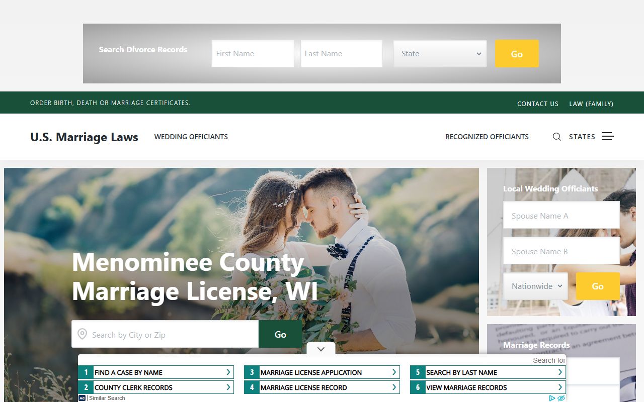 Menominee County marriage license at a local office summary page for Menominee County