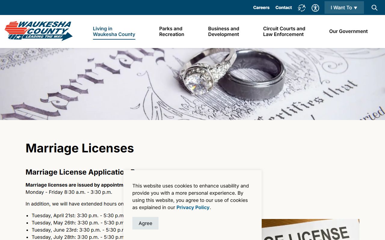 Waukesha marriage license at the Waukesha County marriage licenses page