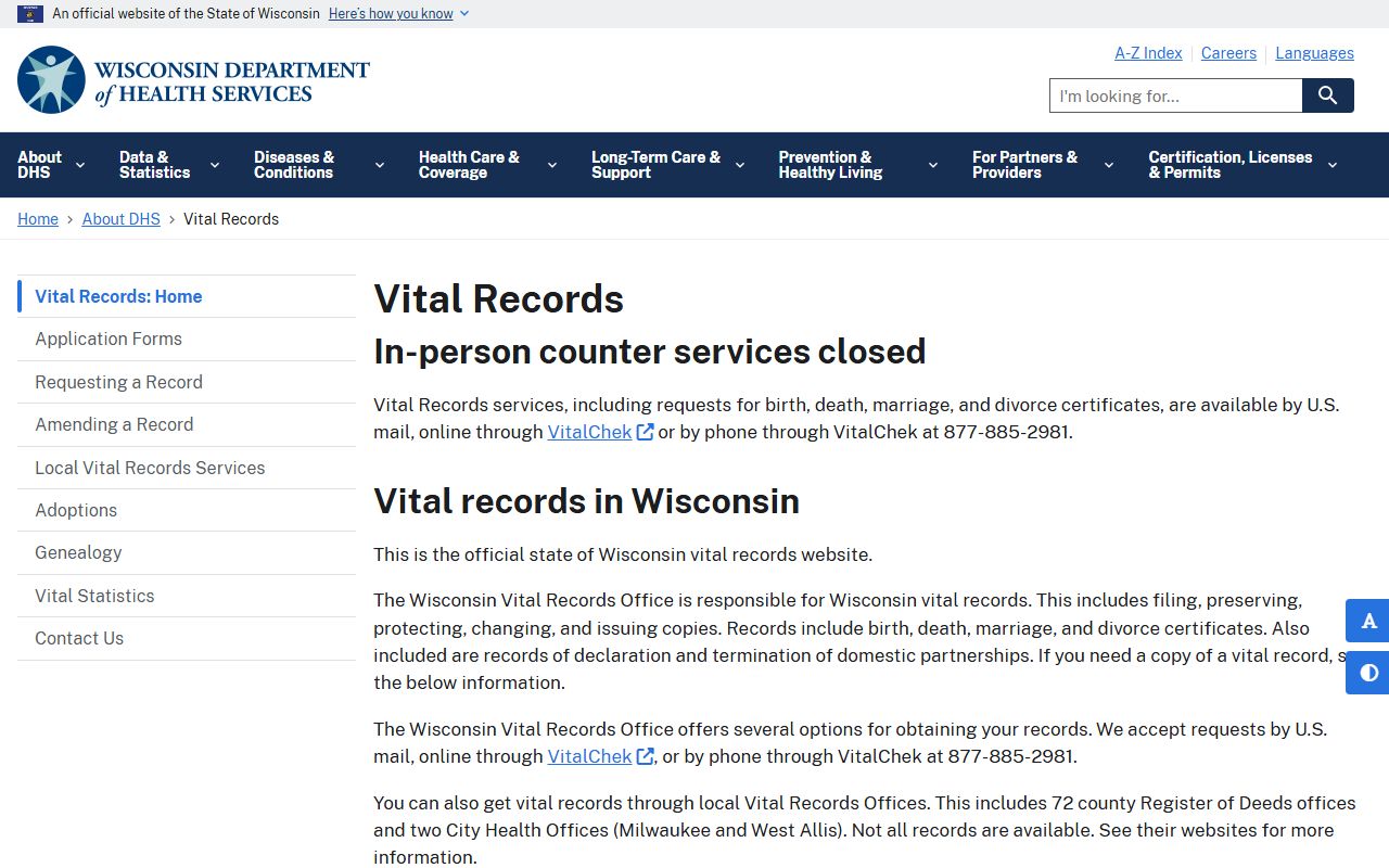 Wisconsin marriage license guidance from the DHS vital records office