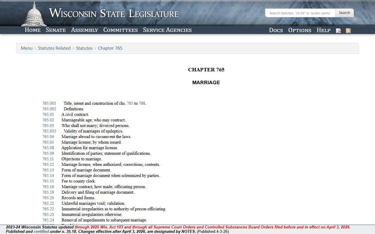 Wisconsin marriage license statutes in Chapter 765