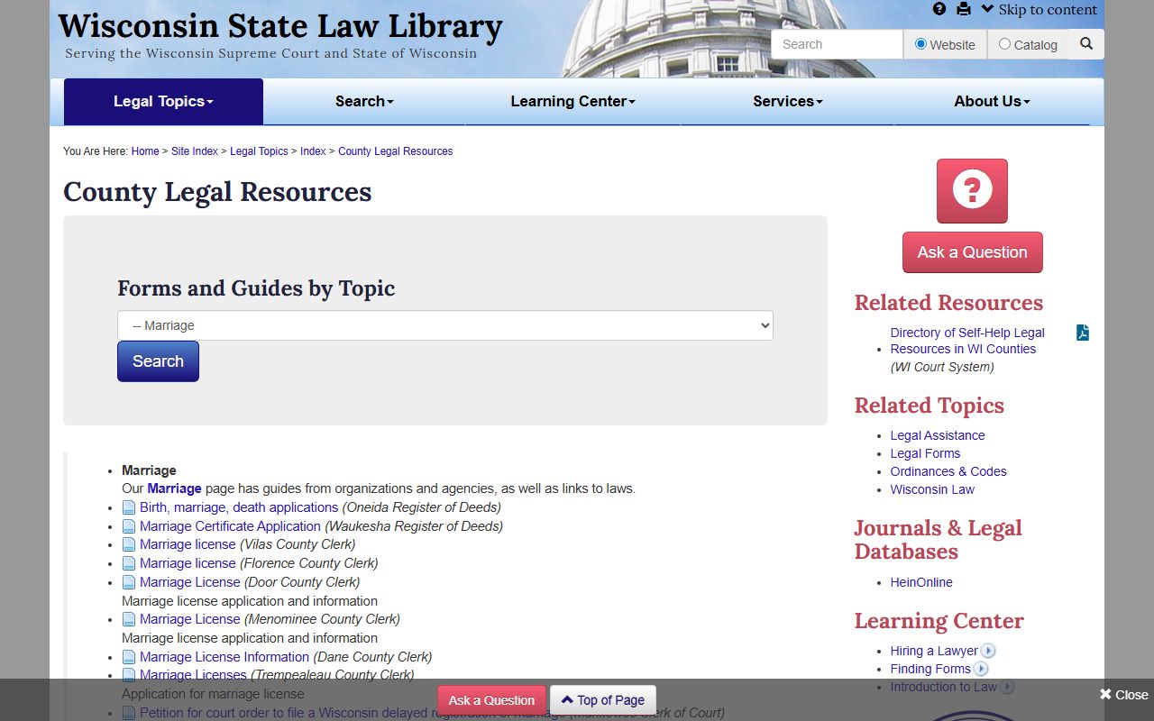 Wisconsin marriage license resources from the State Law Library