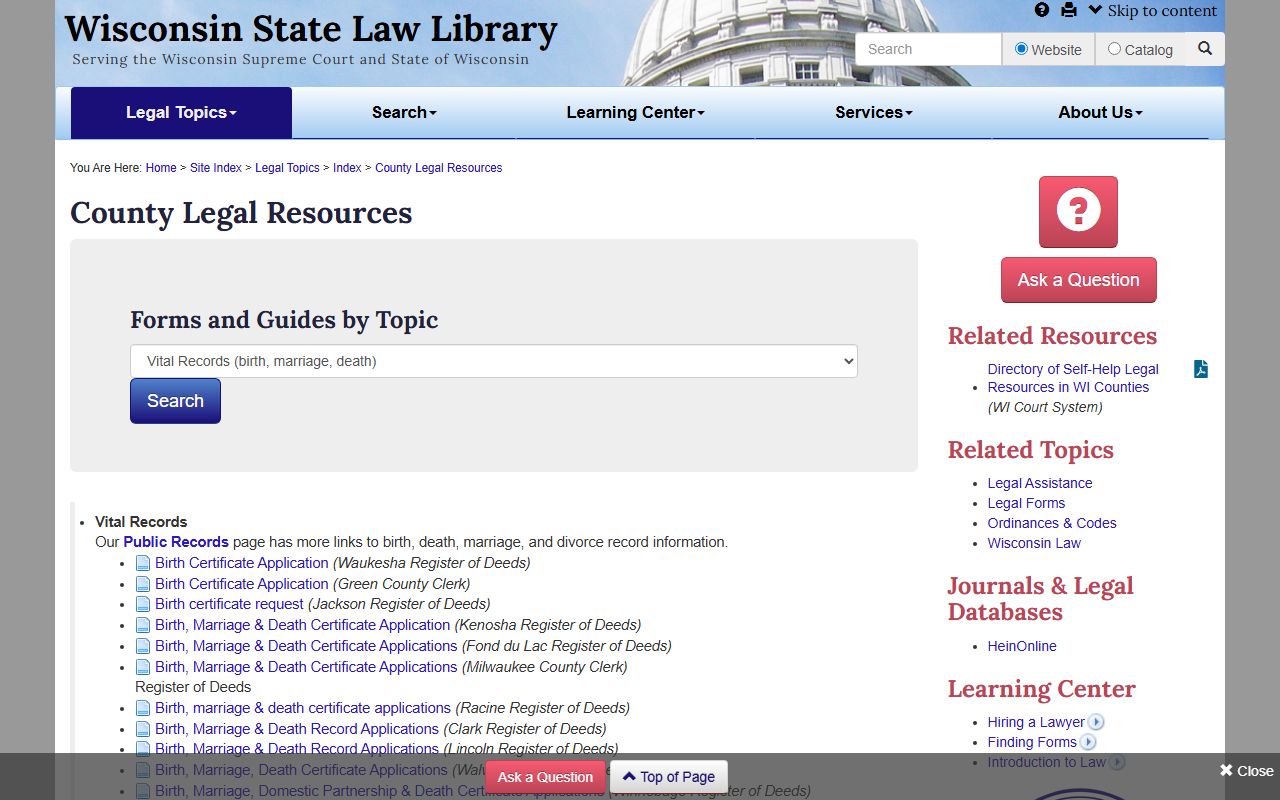 Wisconsin marriage license certificate links from the State Law Library vital records directory